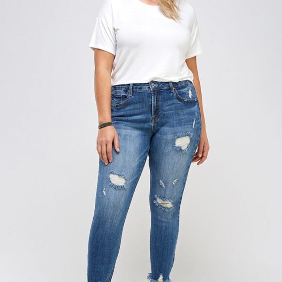 High Rise Frayed Raw Hem Ankle Distressed Skinny Jeans Blue Stretch Plus Size 3X - Picture 13 of 13